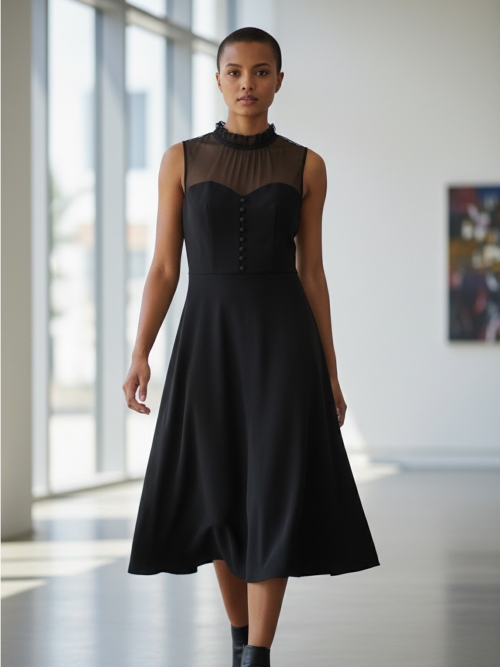 Black Mesh Yoke Midi Dress with Button Front S Goth Edgy Witchy Dark Magic